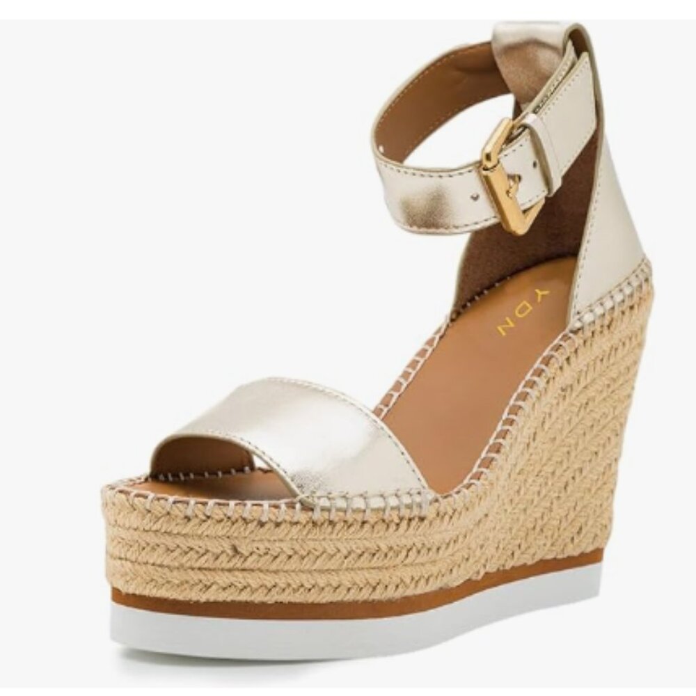 YDN Gold Ankle Strap Braid Platform Wedge High Heels Round Toe Buckle Sandals